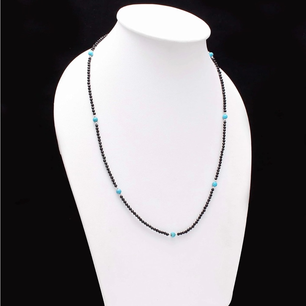 Black Spinel And Turquoise 925 Sterling Silver Necklace With Adjustable Chain - Picture 6 of 6